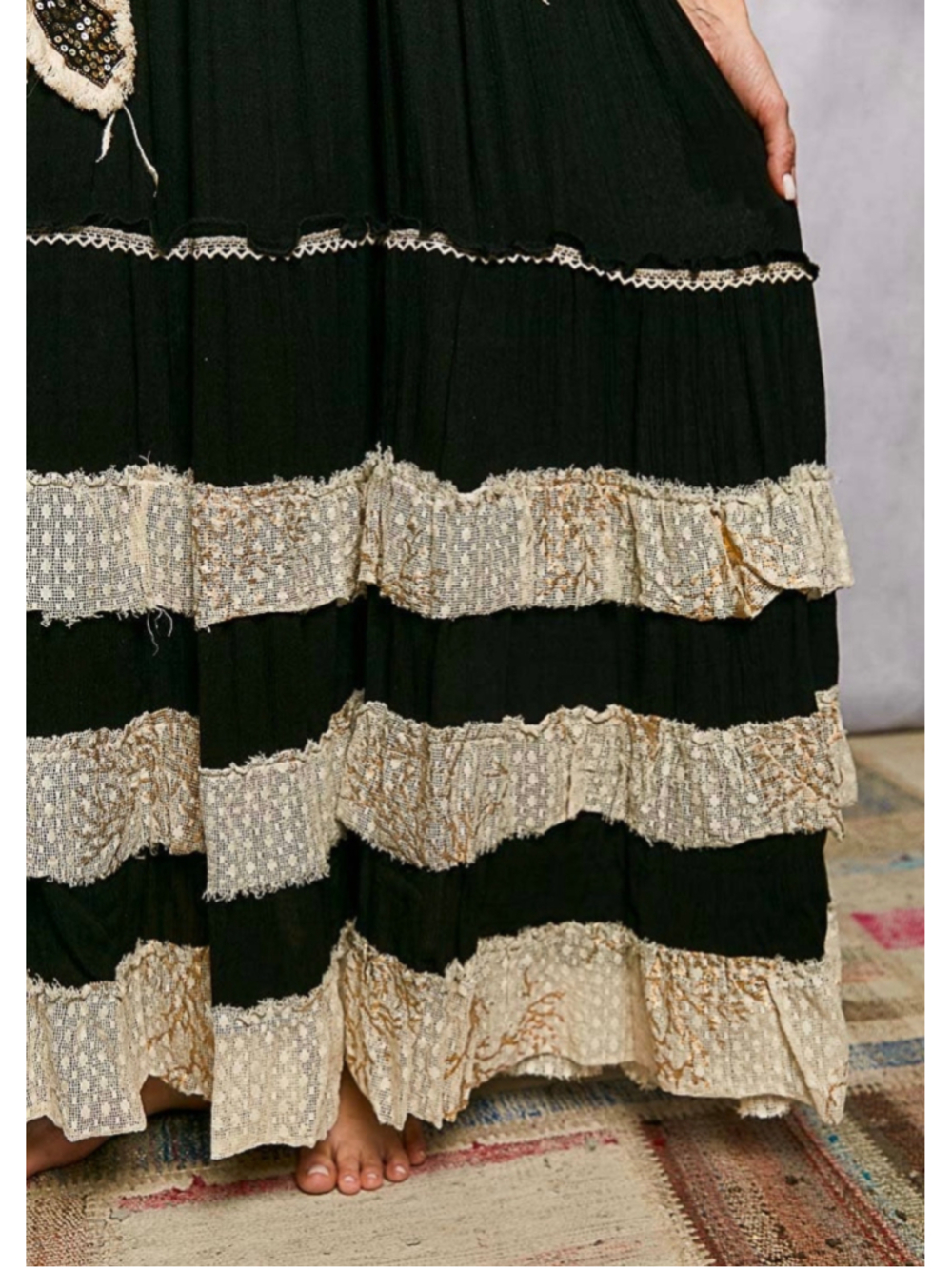 NEW Pol Free People Style Boho Lace Tiered Embroidered Patchwork Maxi Dress Sz L - Picture 4 of 8